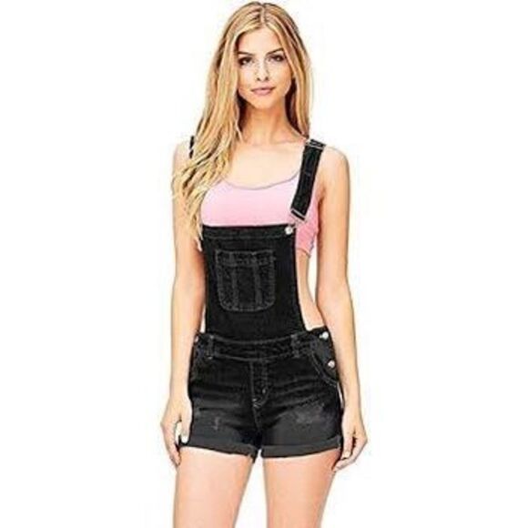 NWT Wax Jeans Shortalls Black Sz 1XL Distressed Stretch - Picture 2 of 12